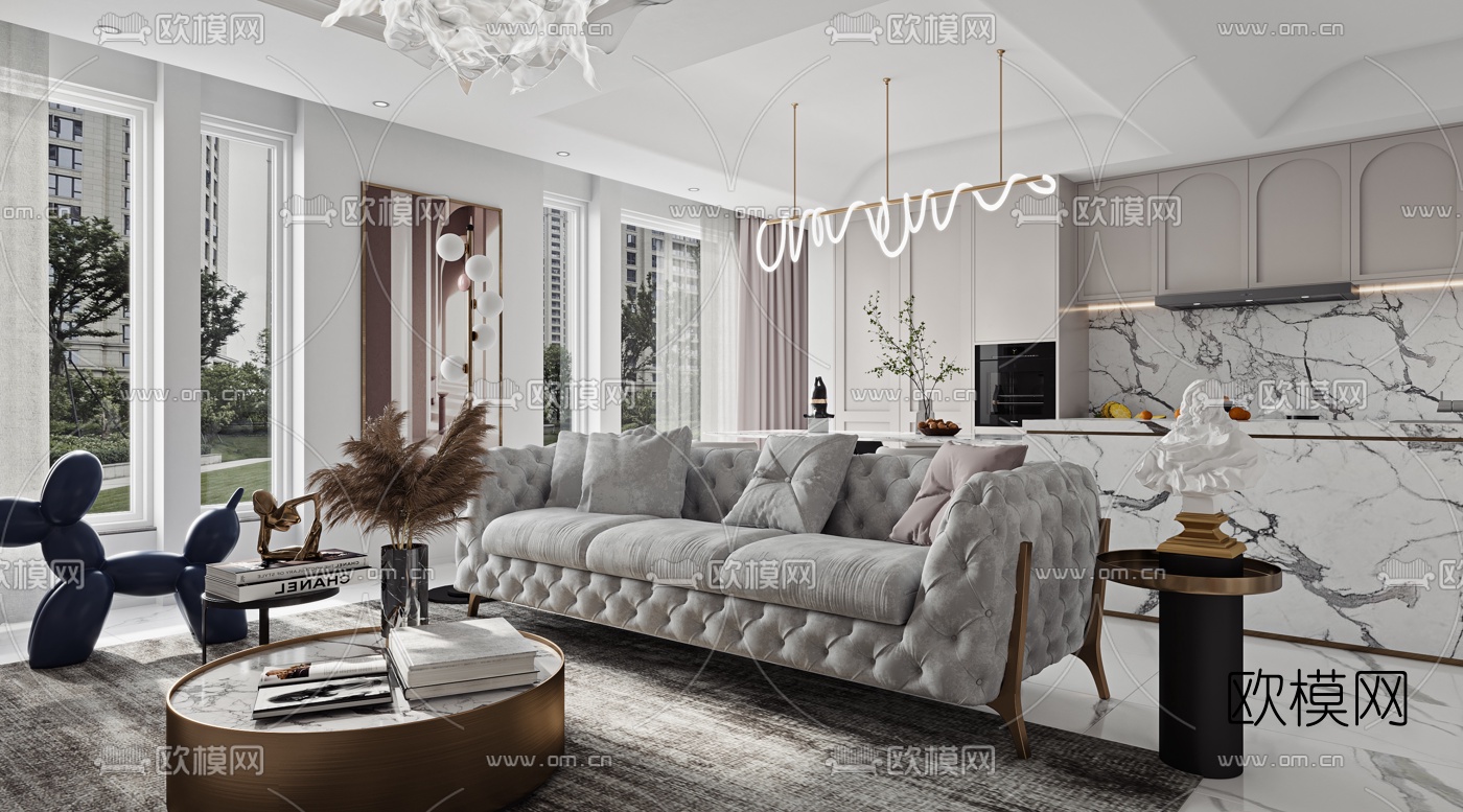 简欧复式轻奢客厅餐厅3d模型下载（渲染图5）