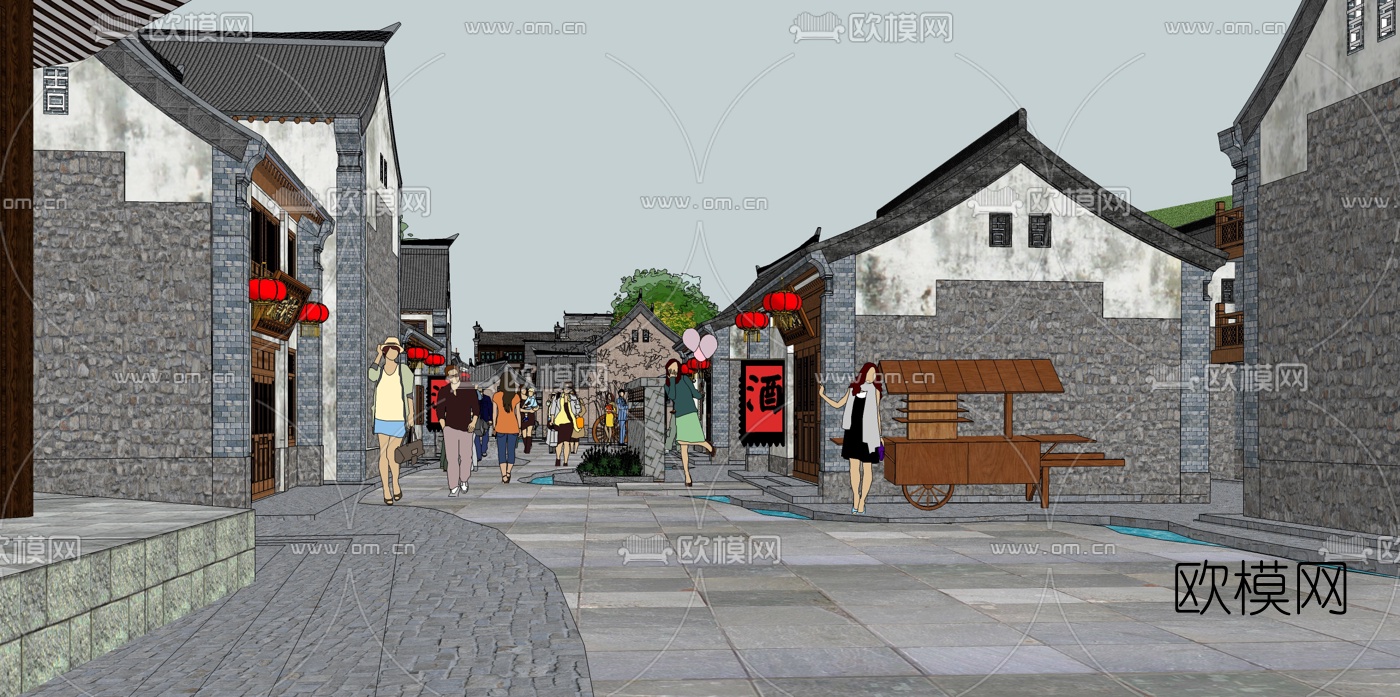 新中式民俗商业街su模型下载（渲染图1）