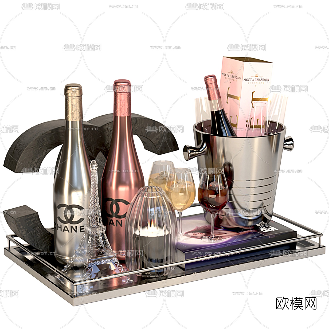 现代酒水酒瓶酒杯3d模型