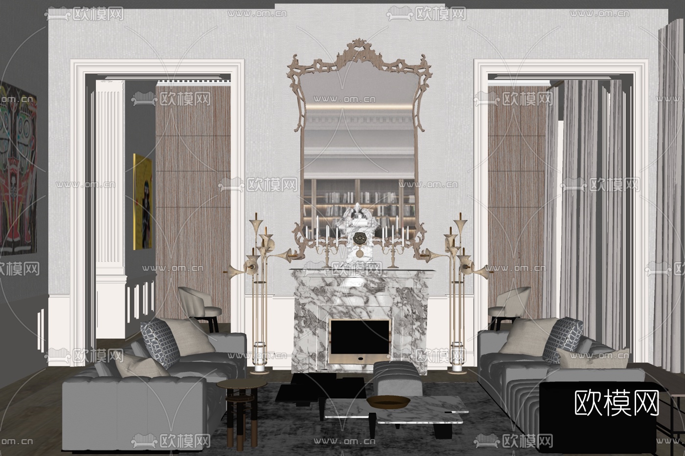 简欧客厅su模型下载