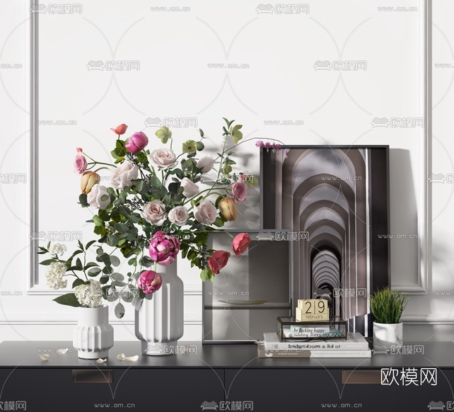 现代花瓶书籍盆栽摆件3d模型下载
