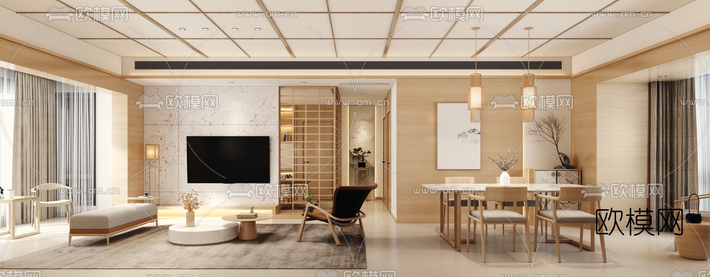 日式客厅餐厅3d模型下载（渲染图1）