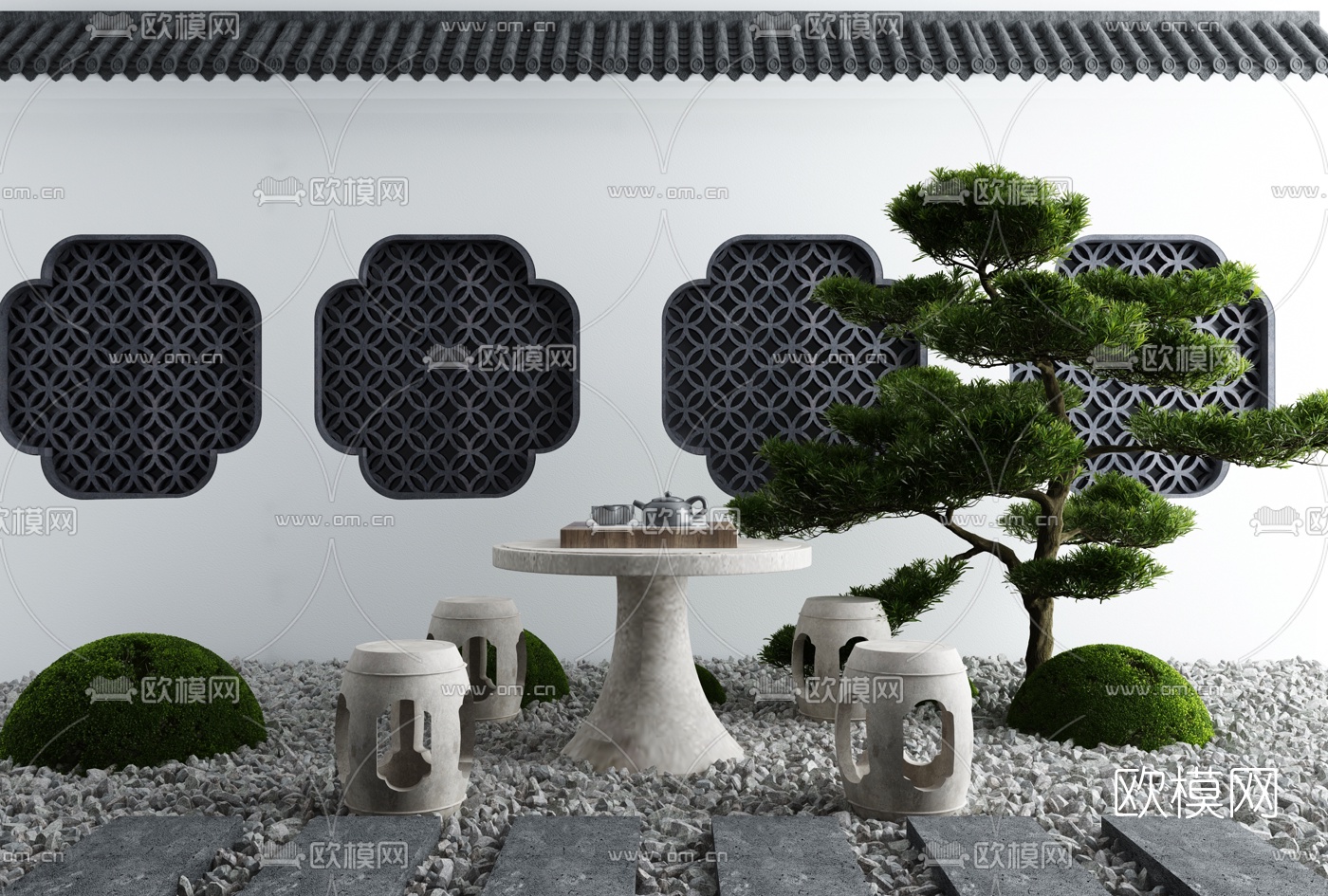 新中式松树园林小品3d模型下载