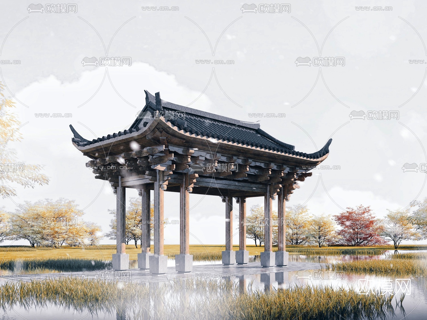 中式古建凉亭3d模型下载（渲染图1）