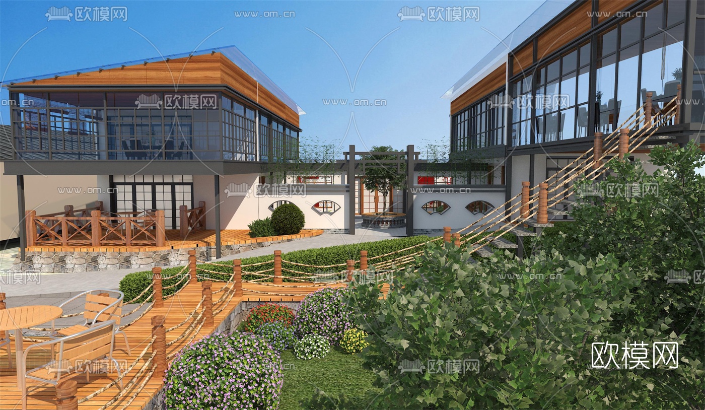 新中式农家乐建筑外观免费3d模型下载（渲染图1）