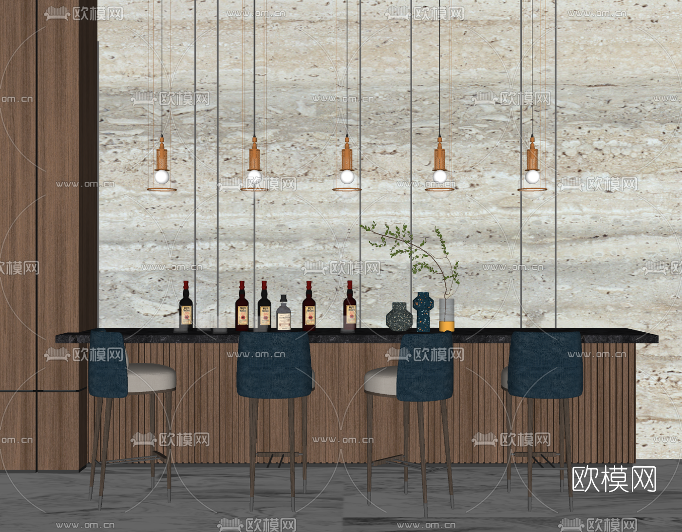 现代轻奢吧台su模型下载（渲染图2）