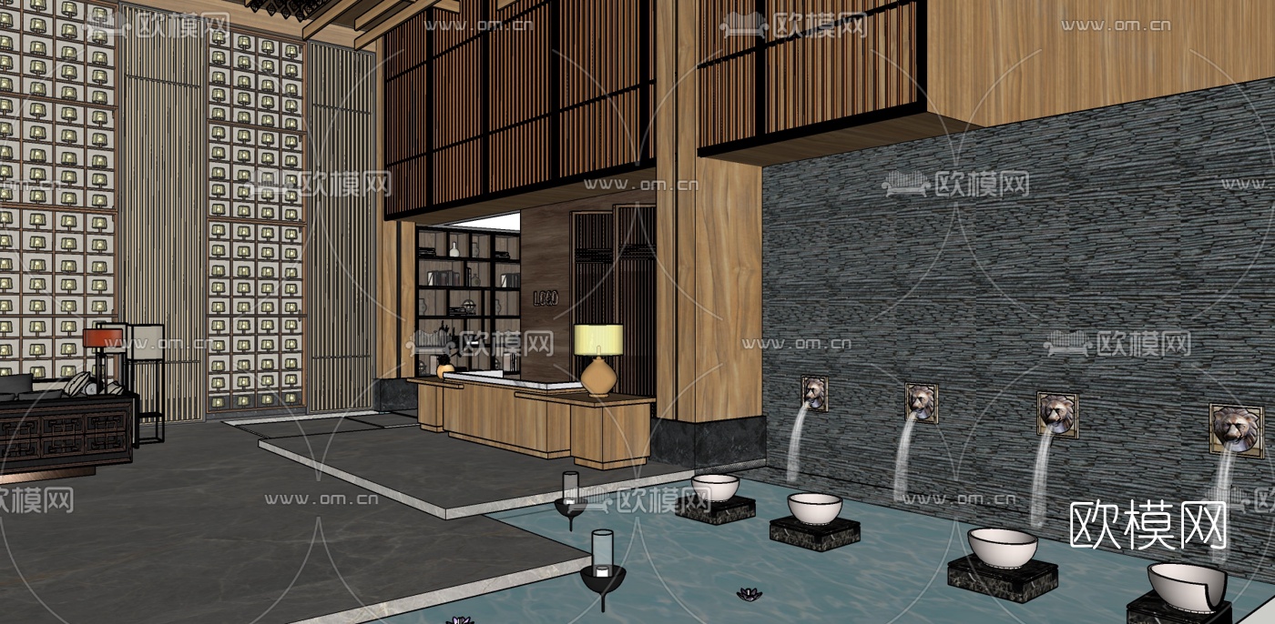 新中式酒店大堂su模型下载（渲染图3）