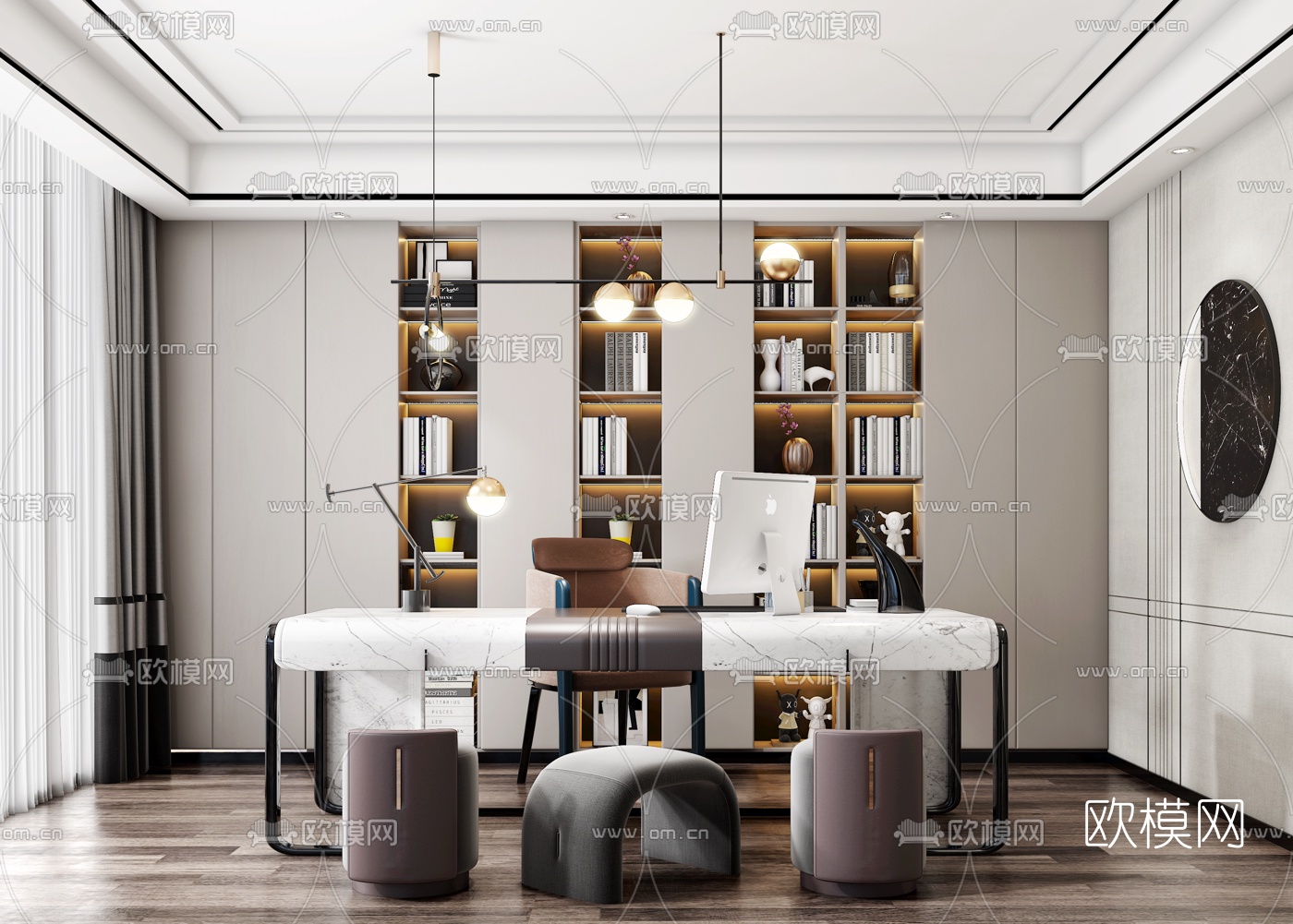 现代轻奢书房3d模型下载