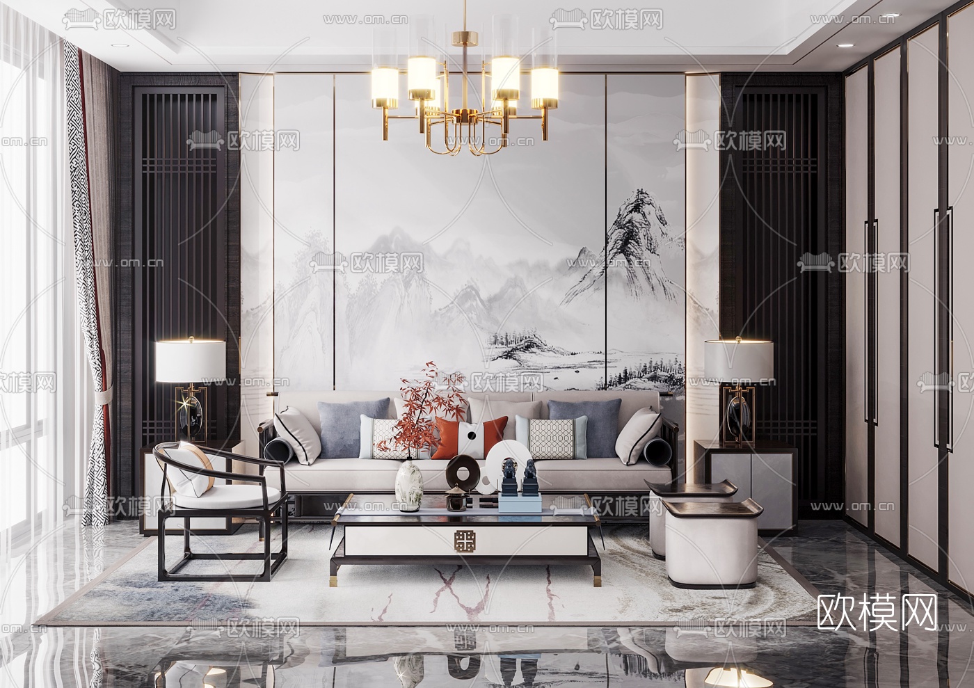 新中式布艺沙发组合3d模型下载