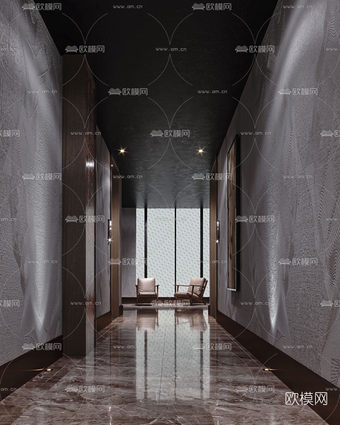 新中式酒店会所走廊3d模型下载（渲染图1）