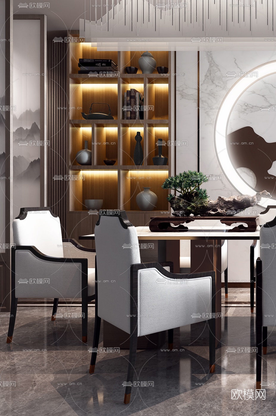 新中式大理石茶桌椅3d模型下载（渲染图3）