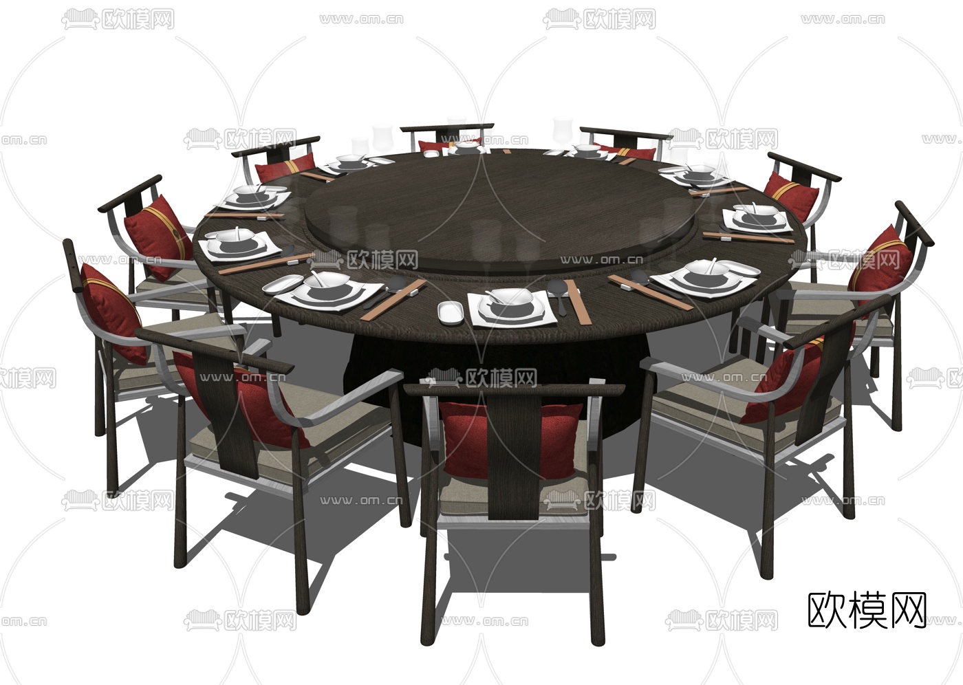 新中式圆形餐桌椅su模型下载