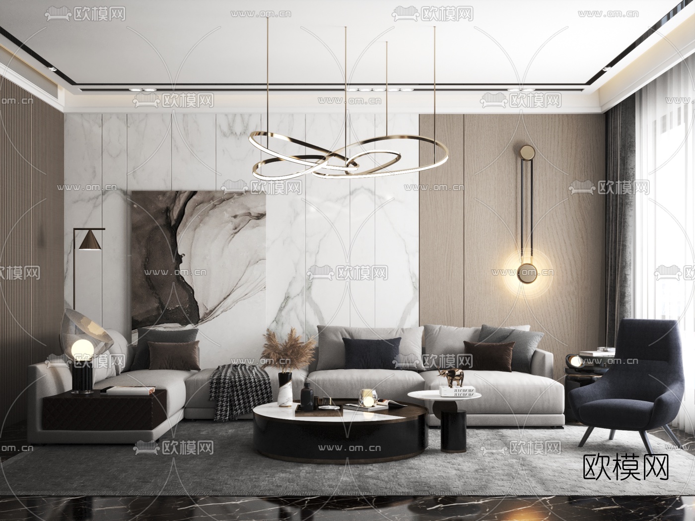 现代布艺转角沙发组合3d模型-免费3dmax模型库-欧模网