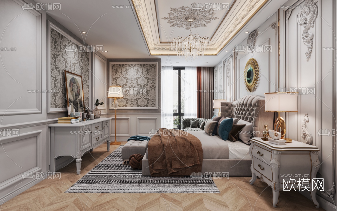 法式卧室主人房3d模型下载（渲染图1）