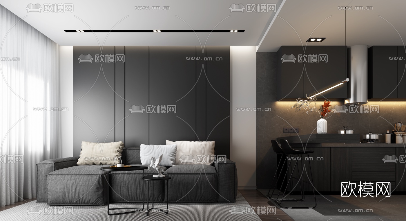 现代简约公寓客厅厨房3d模型下载（渲染图1）