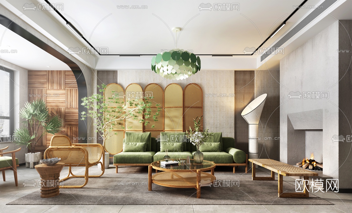 自然风布艺沙发组合3d模型下载（渲染图1）