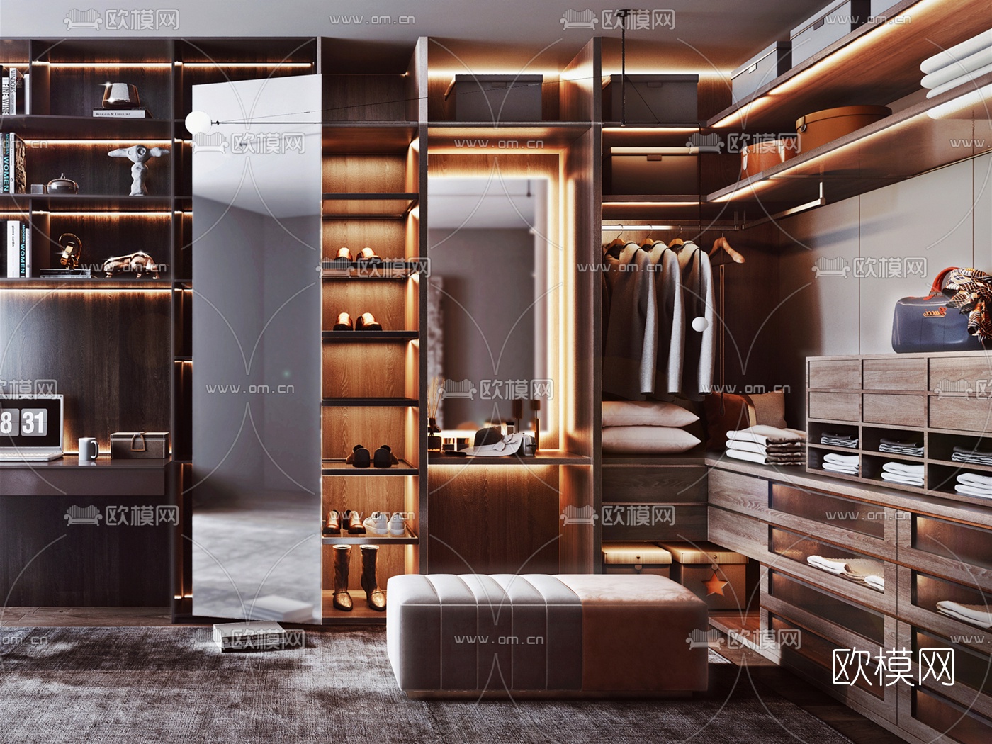 现代轻奢衣帽间3d模型下载（渲染图3）