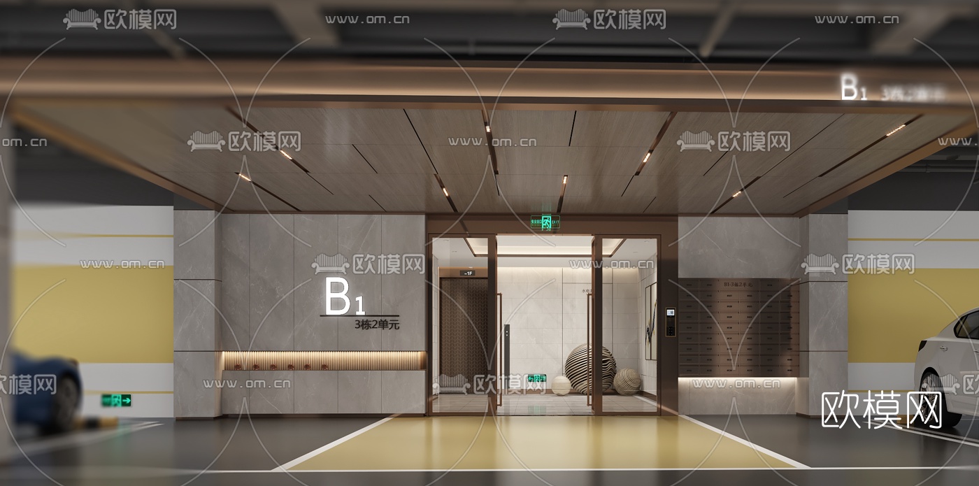 现代地下停车库入户电梯厅3d模型