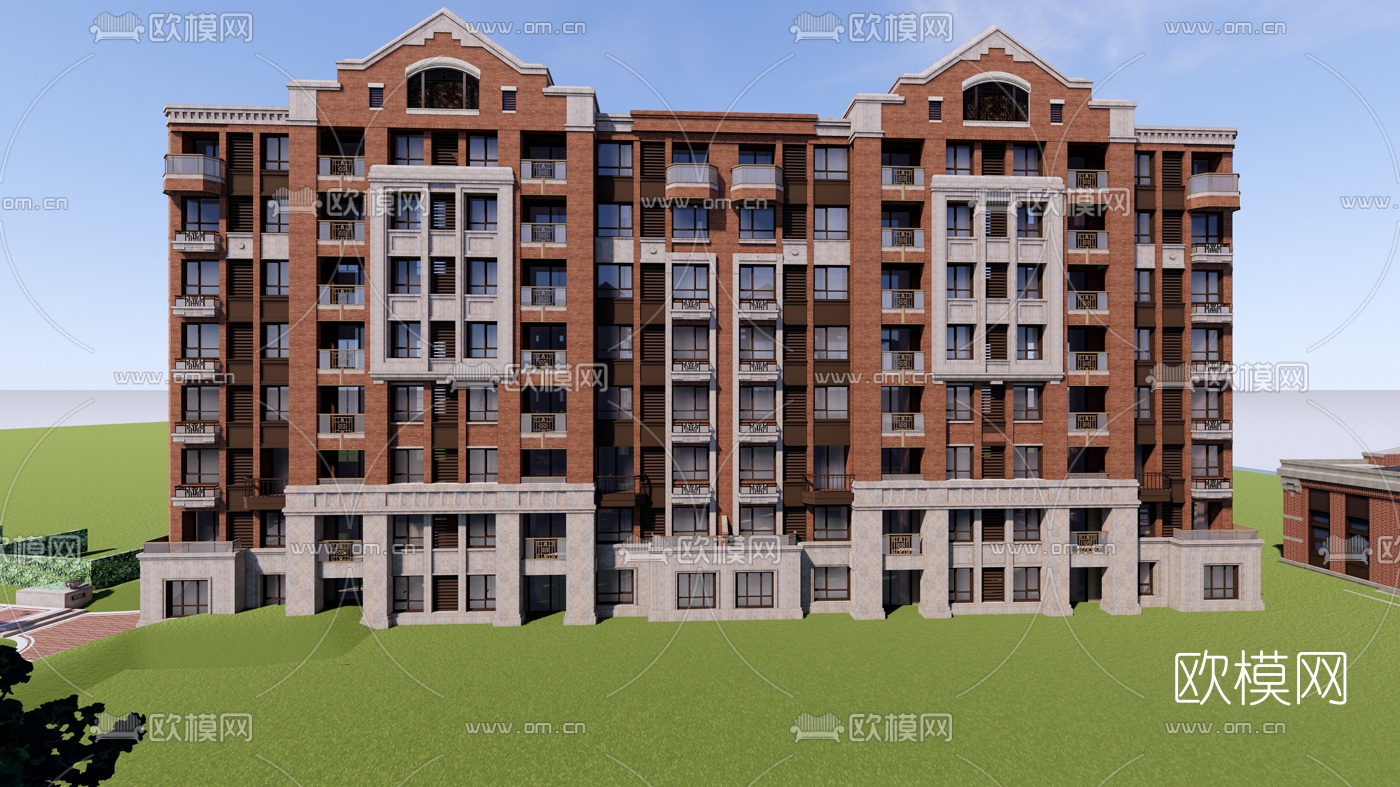欧式高层公寓楼外观su模型下载（渲染图1）