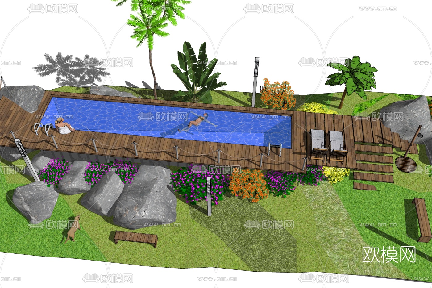 现代露天游泳池免费su模型下载