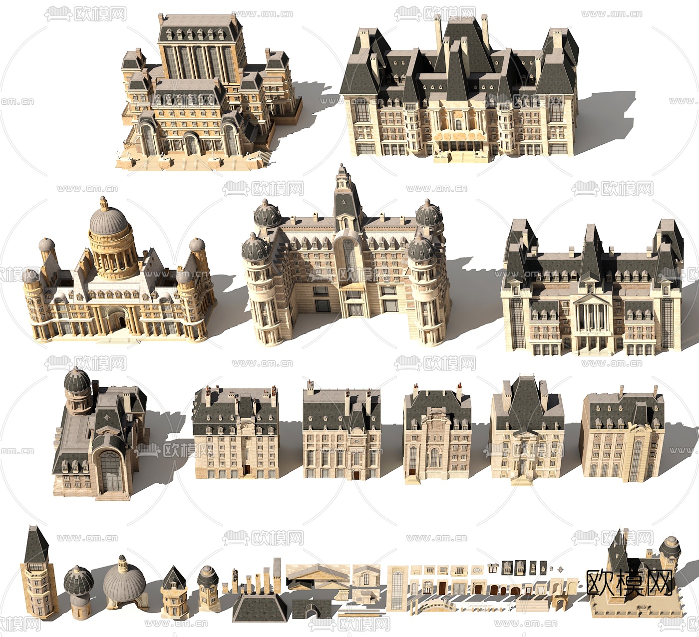 法式建筑组合3d模型下载（渲染图2）