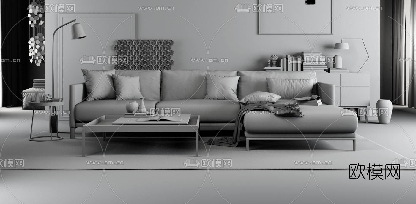 德国ROLF BENZ品牌 北欧布艺转角沙发3D模型下载（渲染图2）