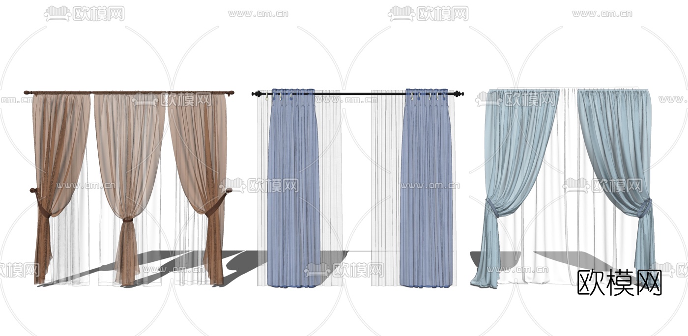 现代布艺纱窗窗帘su模型