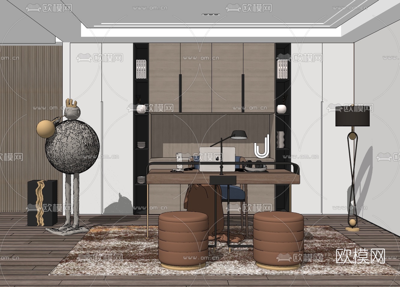 新中式书房su模型下载