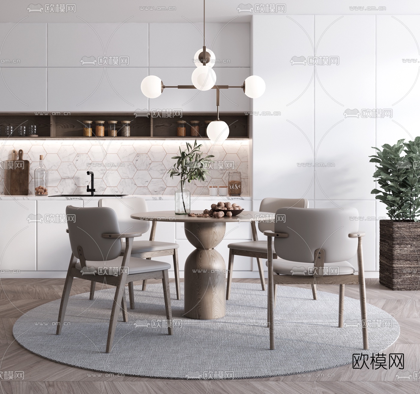 北欧圆形餐桌椅3d模型下载