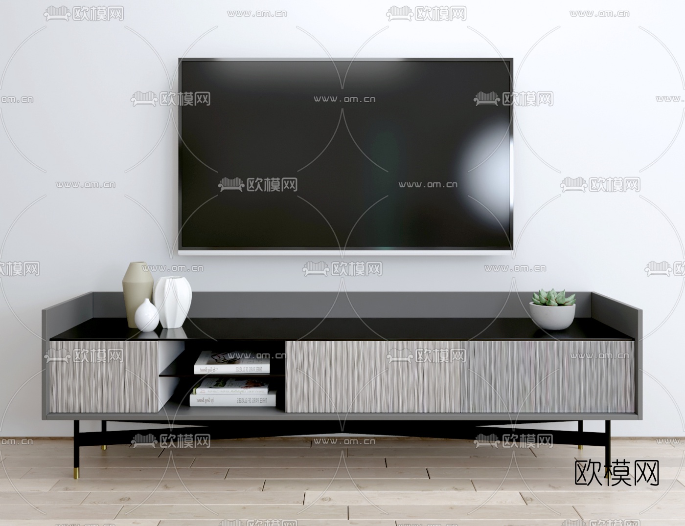 现代实木电视柜su模型
