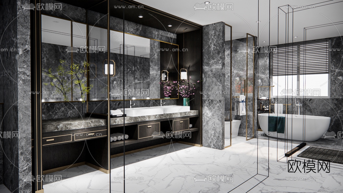 新中式浴室卫生间su模型下载（渲染图1）