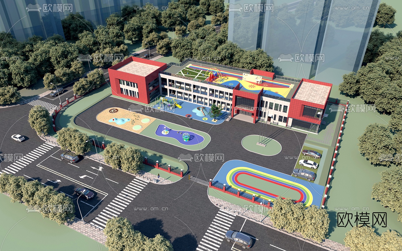 现代幼儿园鸟瞰3d模型