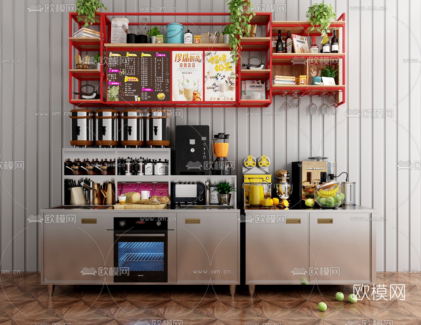 现代咖啡奶茶店操作台3d模型下载（渲染图1）