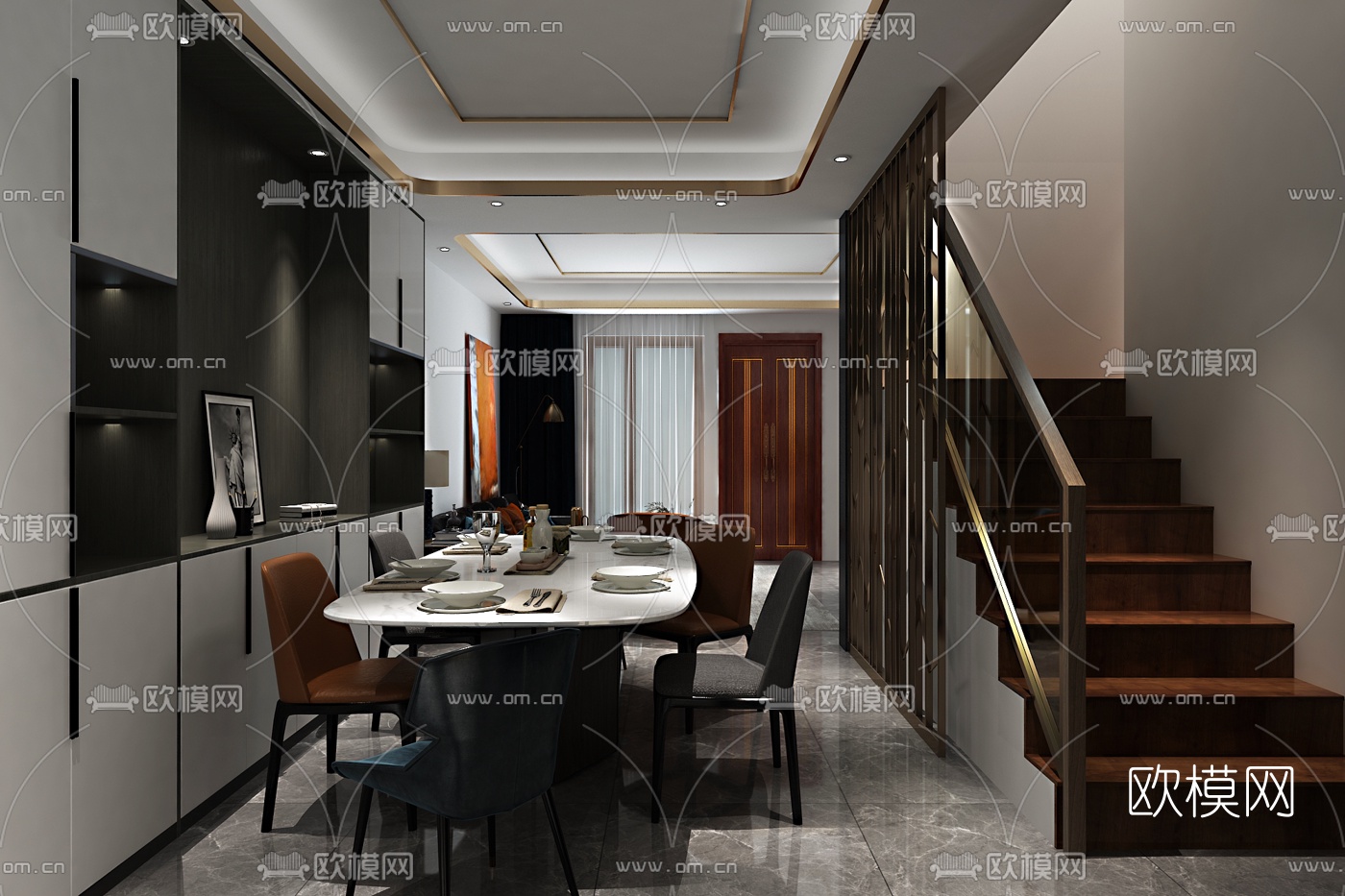 现代轻奢客餐厅免费3d模型下载（渲染图1）