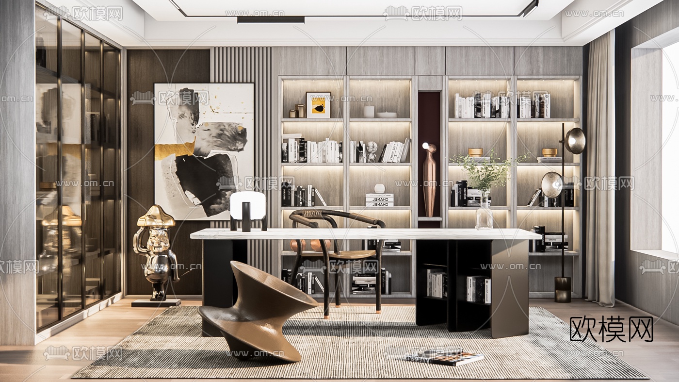现代书房su模型下载（渲染图1）