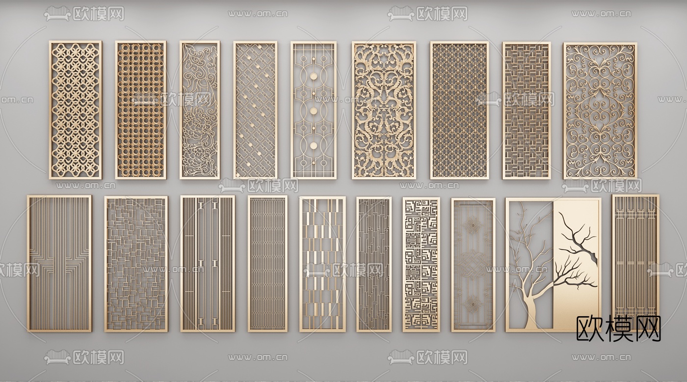 新中式金属花格屏风隔断3d模型
