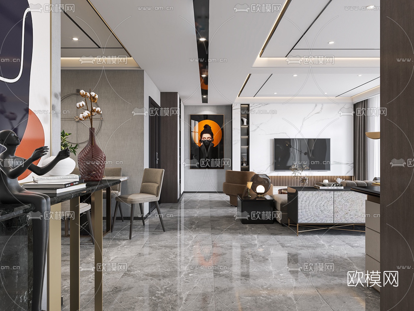 现代简约客厅餐厅3d模型