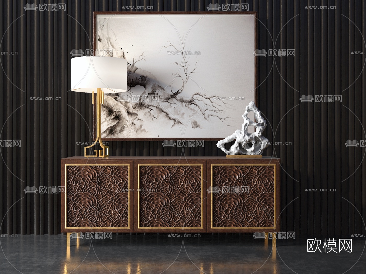 新中式祥云玄关边柜3d模型下载（渲染图1）