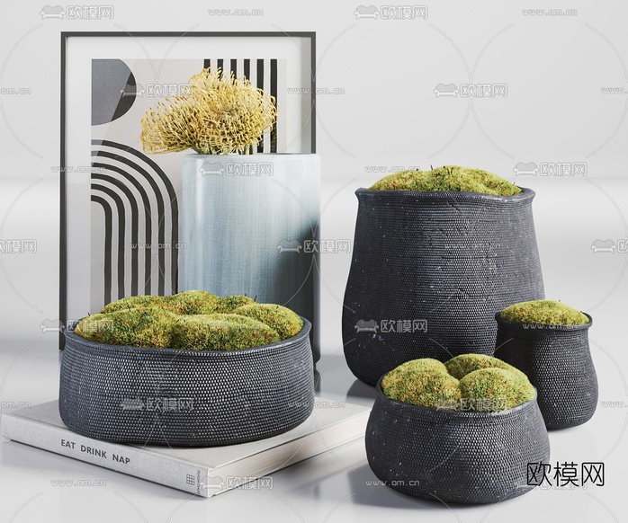 现代苔藓花卉书籍摆件3d模型下载