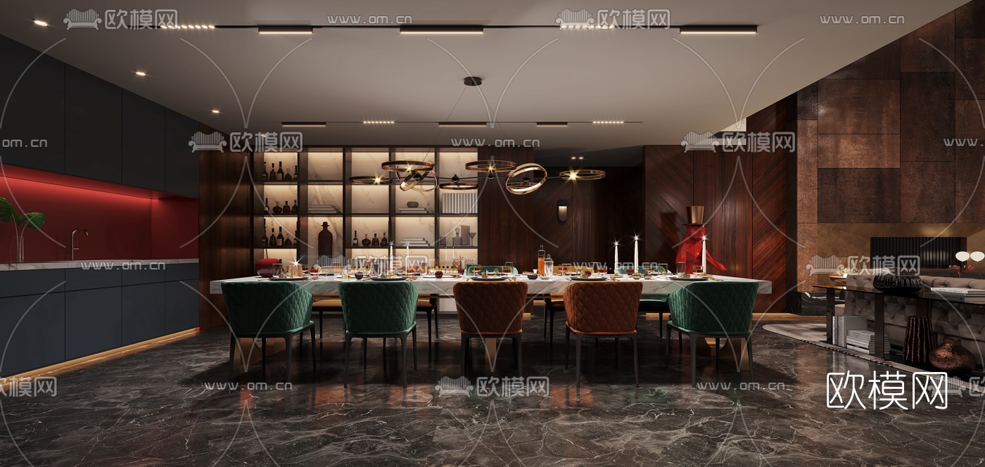 后现代别墅客厅餐厅3d模型