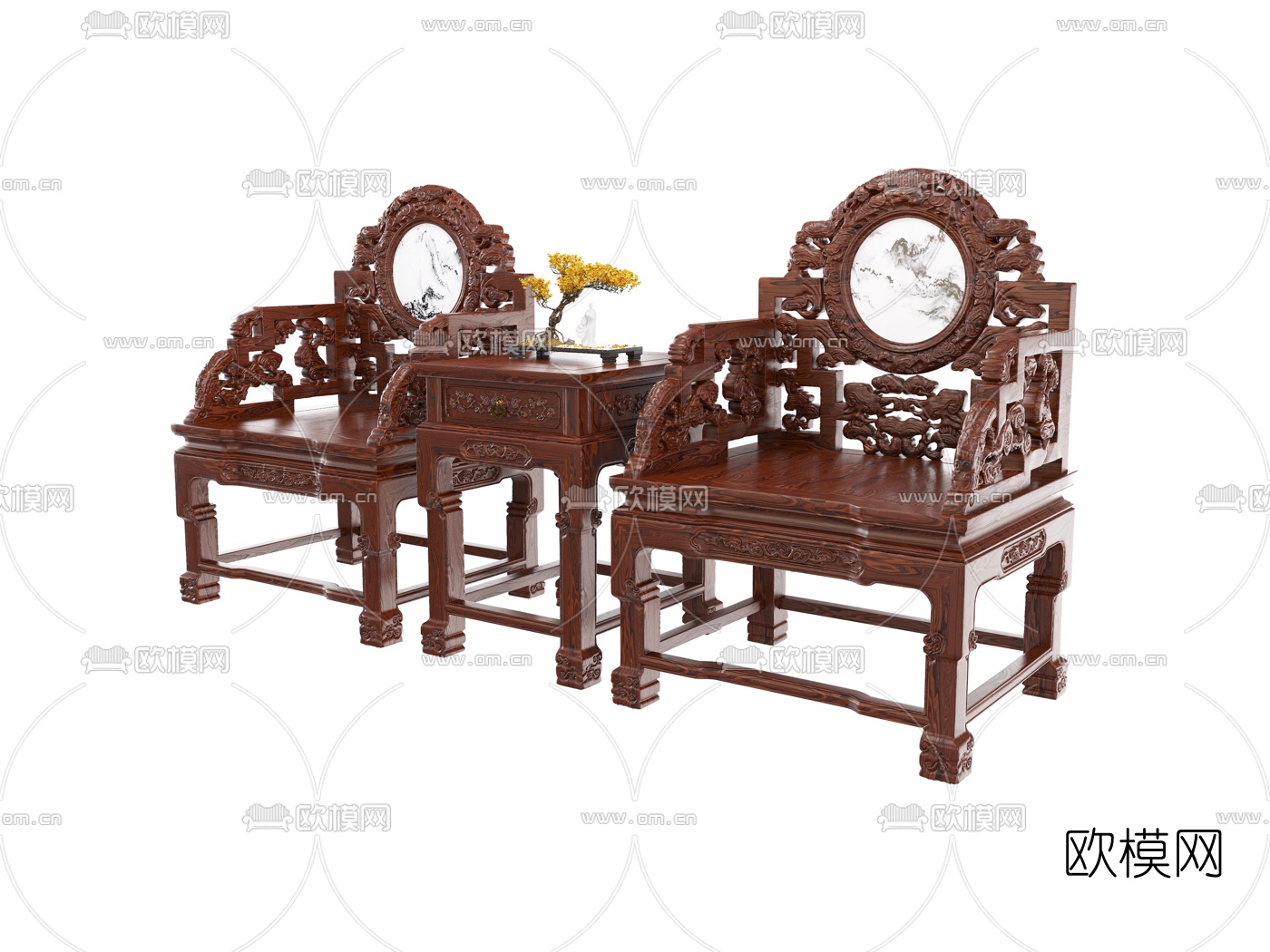 中式实木太师椅边几3d模型下载（渲染图2）