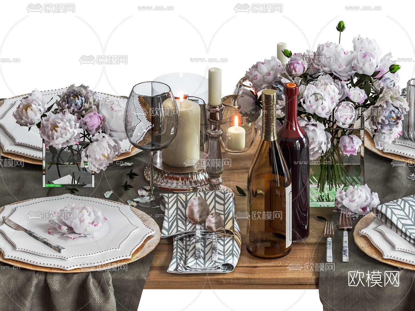 简欧餐具酒水水杯烛台灯3d模型下载（渲染图3）