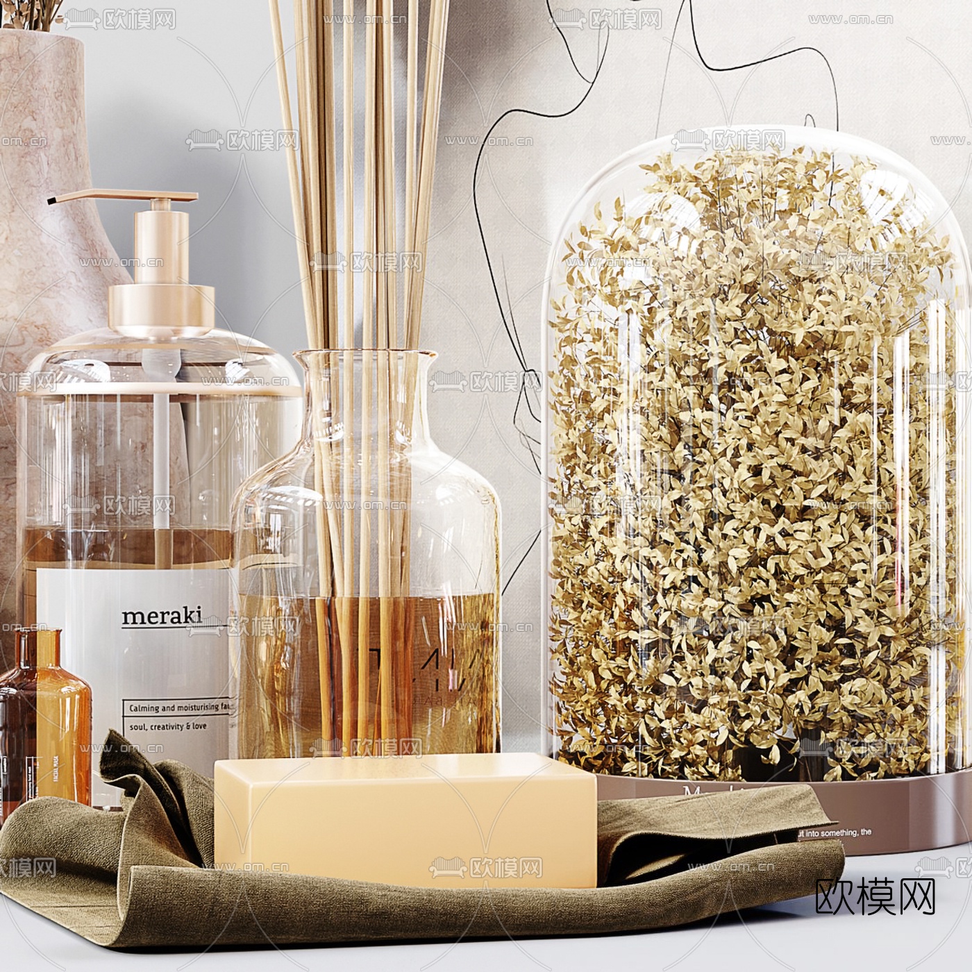 北欧干花镜子洗漱护肤品摆件3d模型下载（渲染图3）