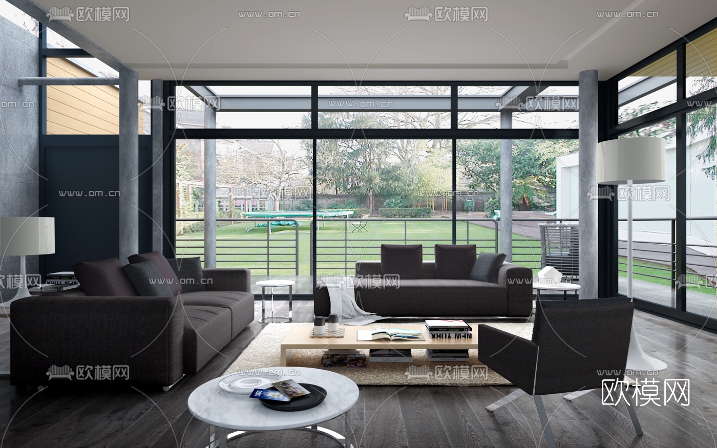 意大利B&BItalia品牌 现代客厅黑色组合沙发茶几3D模型下载（渲染图1）