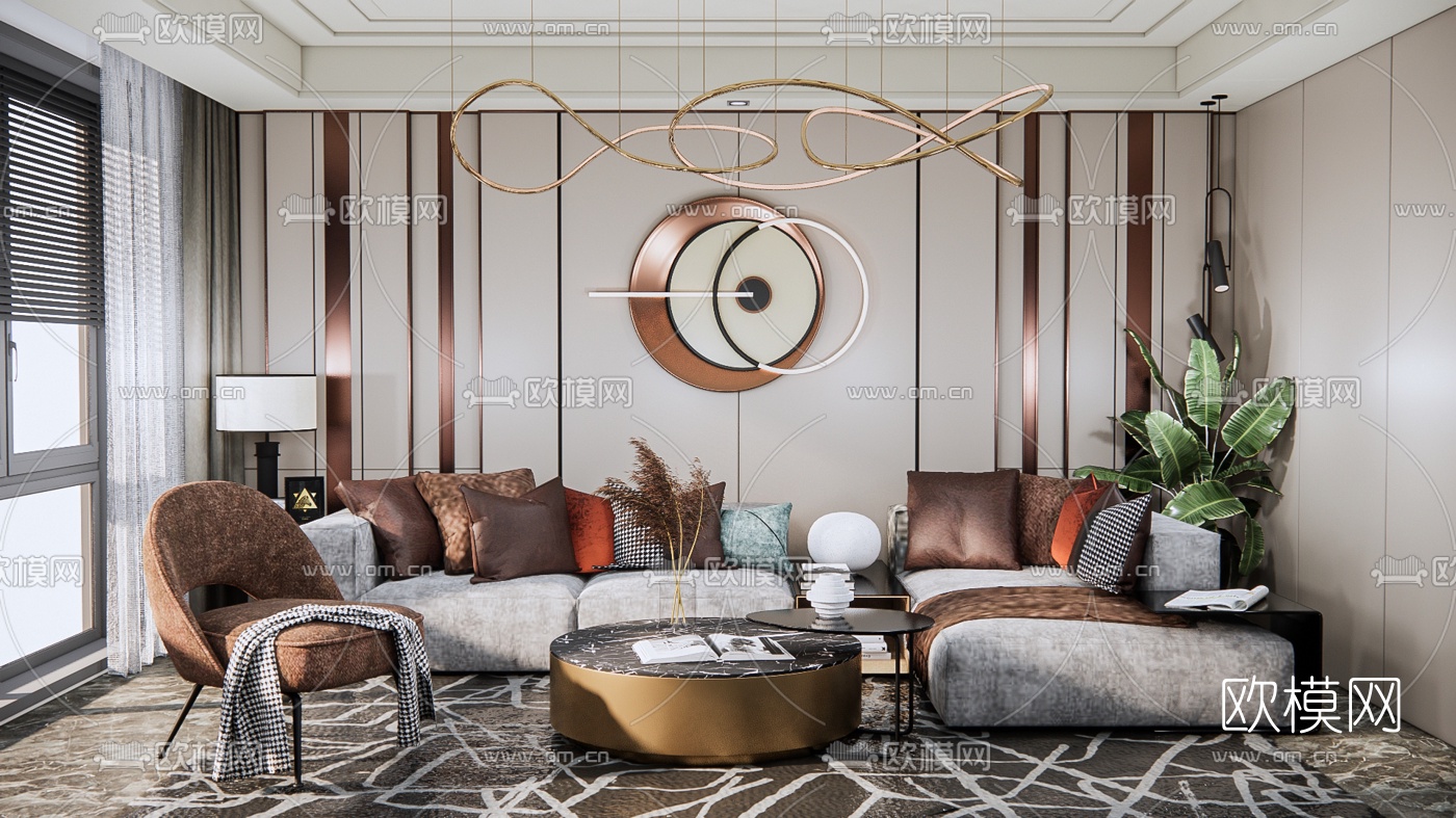 现代轻奢沙发组合su模型下载（渲染图1）