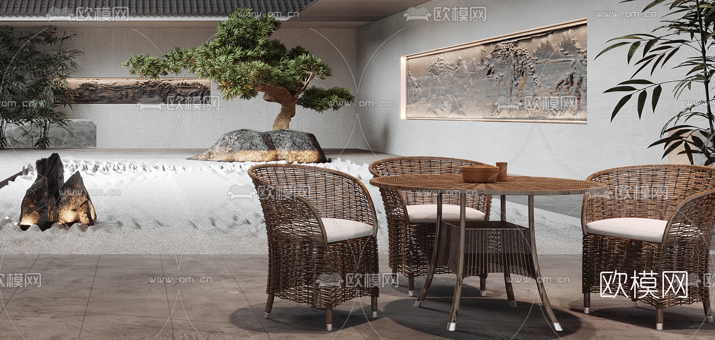 新中式酒店会所中庭3d模型