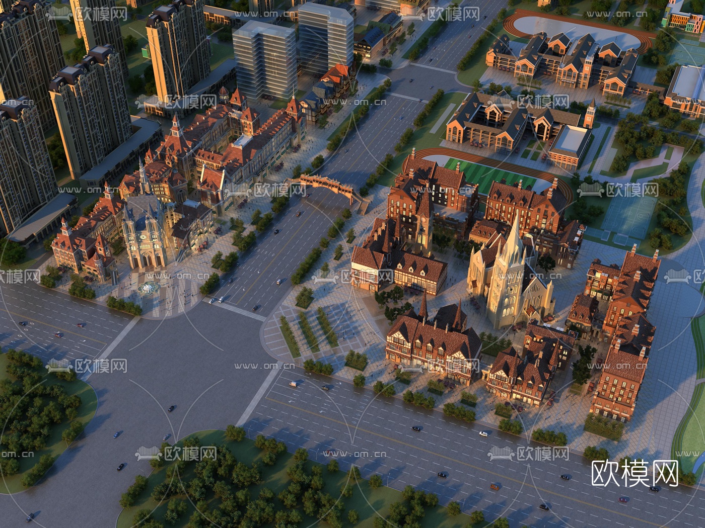 欧式步行商业街鸟瞰3d模型下载