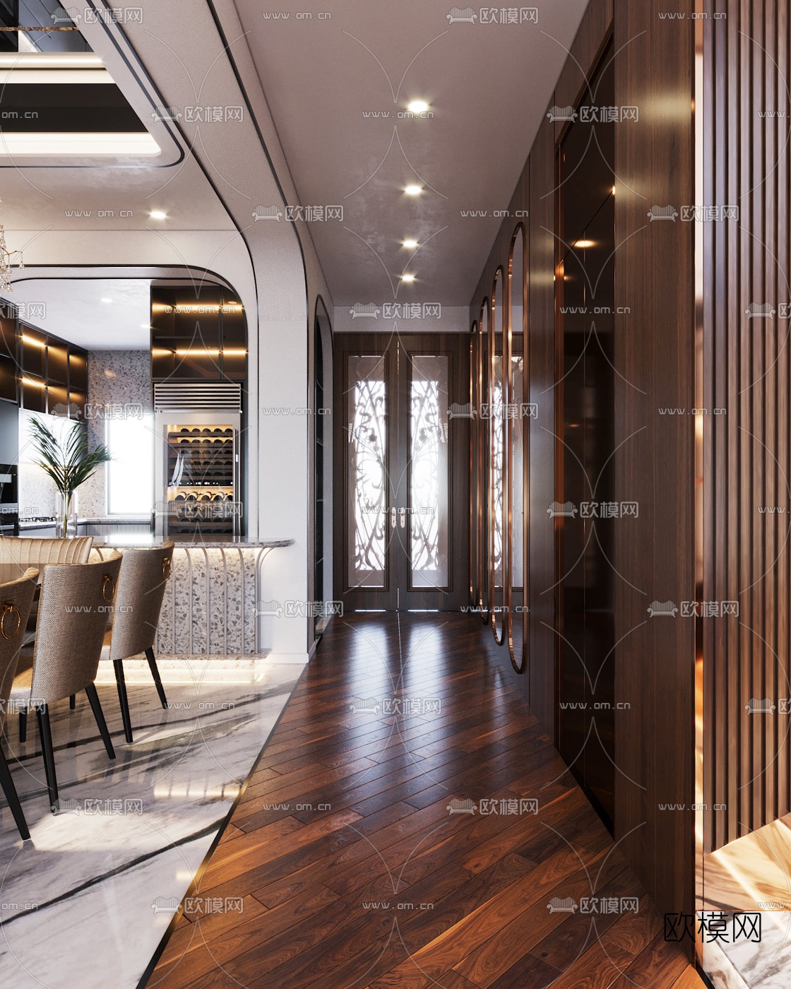 北欧轻奢别墅客厅餐厅3d模型下载（渲染图3）