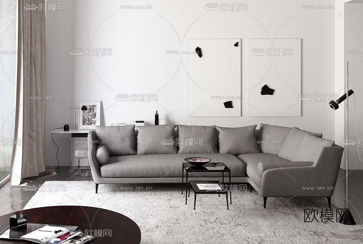 意大利B&BItalia品牌 现代布艺转角沙发茶几3D模型下载（渲染图1）