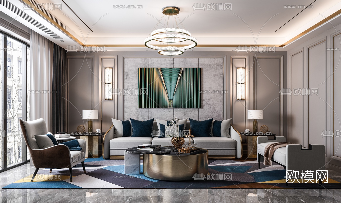 简欧布艺多人沙发组合3d模型下载